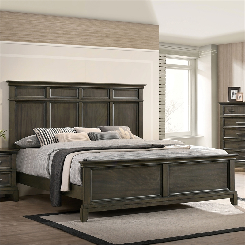 Bowery Hill Contemporary Solid Wood Panel Queen Bed in Gray Finish
