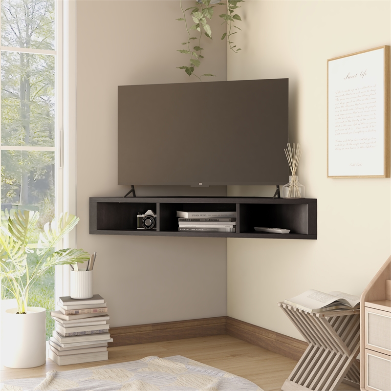 Bowery Hill Wood Cappuccino Corner Floating TV Stand Unassembled