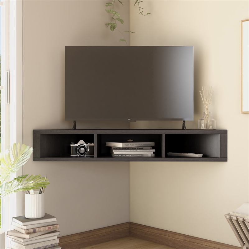 Bowery Hill Wood Cappuccino Corner Floating TV Stand Unassembled