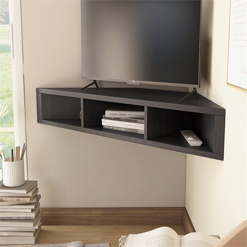 Bowery Hill Wood Cappuccino Corner Floating TV Stand Unassembled