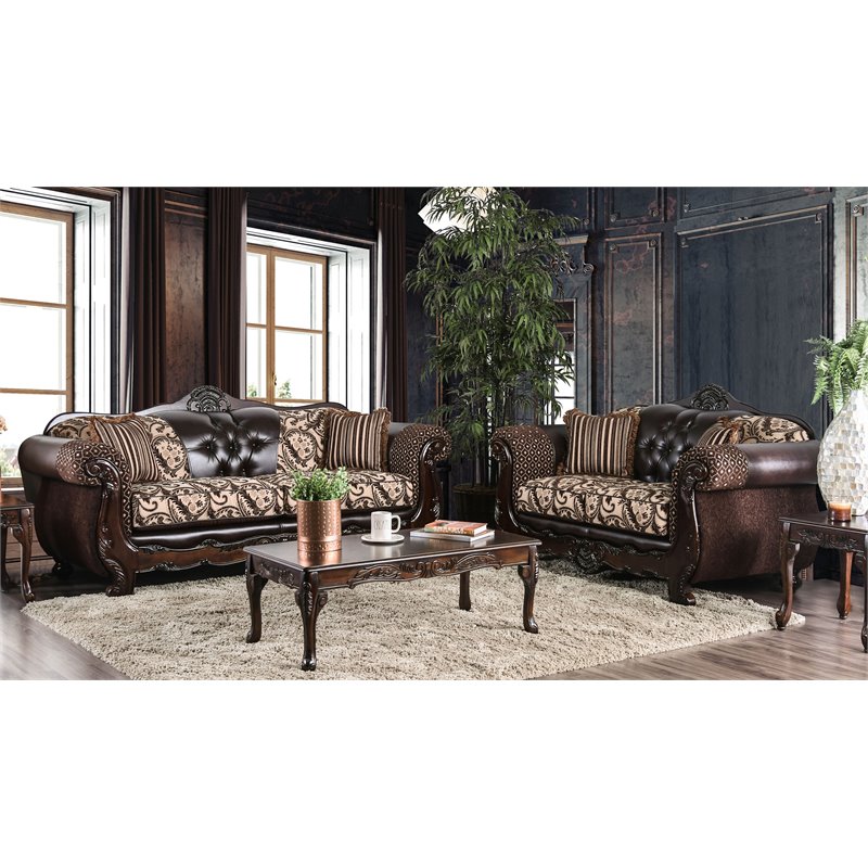 Bowery Hill Contemporary Faux Leather 2-Piece Sofa Set in Brown
