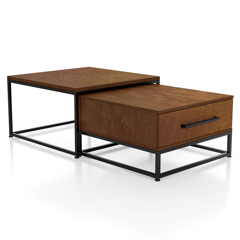 Bowery Hill Wood 2-Piece Nesting Tables Set with Drawer in Brown