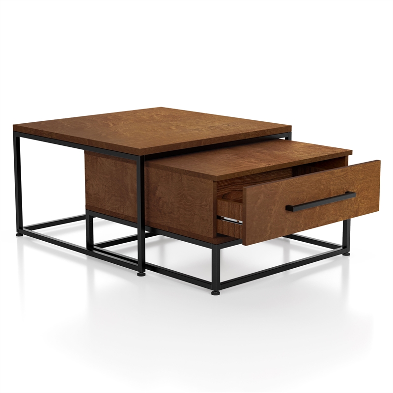 Bowery Hill Wood 2-Piece Nesting Tables Set with Drawer in Brown