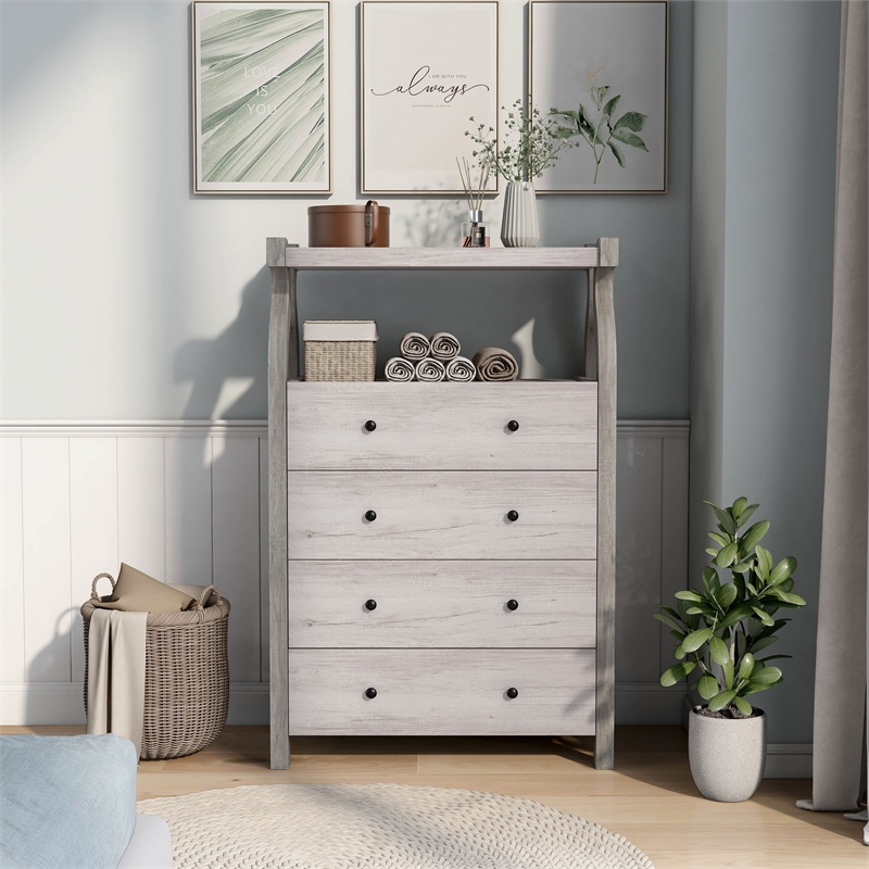 Bowery Hill Farmhouse Wood 4-Drawer Chest in Coastal White Finish