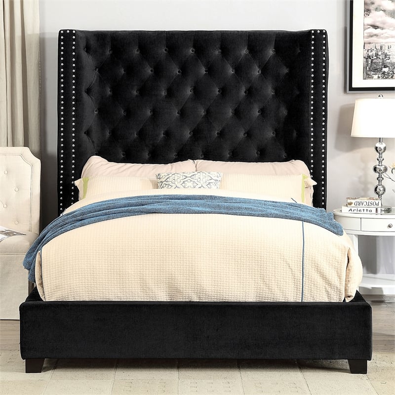 Bowery Hill Modern Fabric Upholstered Panel King Bed in Black