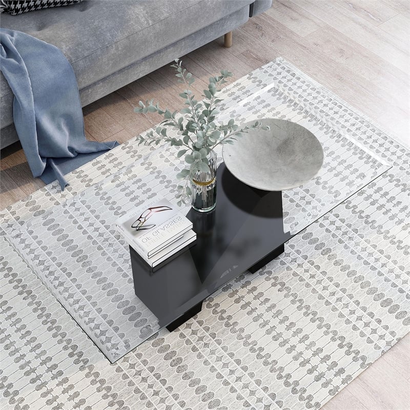 Bowery Hill Metal and Glass Top Rectangle Coffee Table in Black
