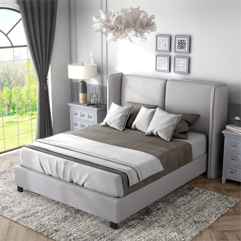 Bowery Hill Fabric Upholstered Platform Queen Bed in Light Gray