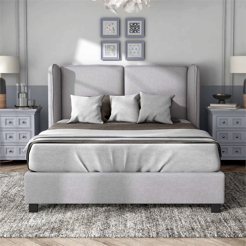 Bowery Hill Fabric Upholstered Platform Queen Bed in Light Gray
