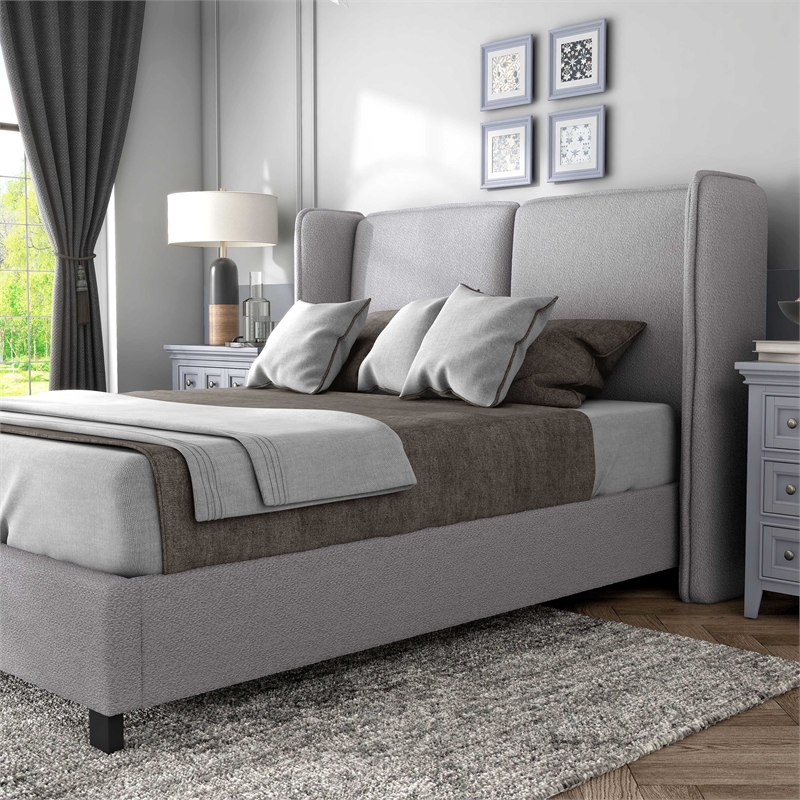 Bowery Hill Fabric Upholstered Platform Queen Bed in Light Gray