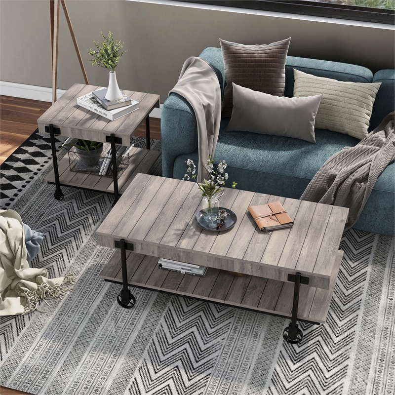 Bowery Hill Wood Natural 2-Piece Coffee Table Set with Wheels