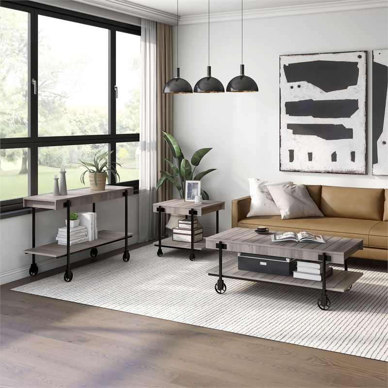 Bowery Hill Wood Natural 3-Piece Coffee Table Set with Wheels