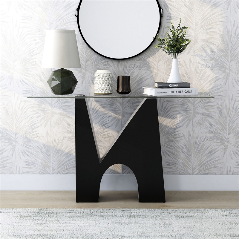 Bowery Hill Metal and Glass Top Rectangle Sofa Table in Black