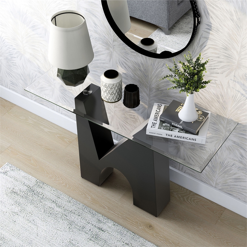 Bowery Hill Metal and Glass Top Rectangle Sofa Table in Black