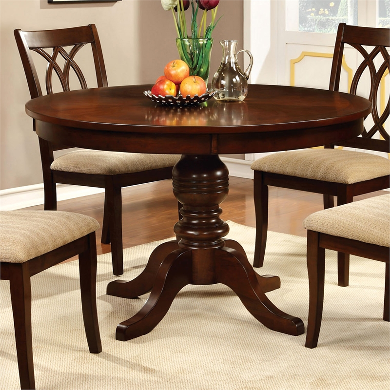 Bowery Hill Solid Wood Brown Cherry Dining Set Round Pedestal Table Circular Back Chairs 48