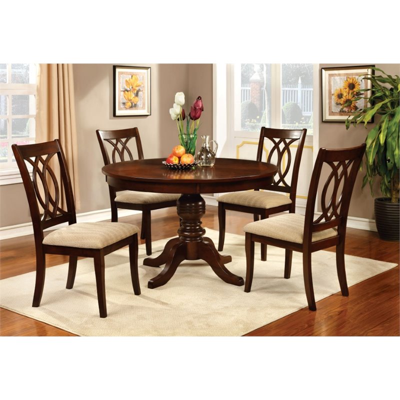 Bowery Hill Solid Wood Brown Cherry Dining Set Round Pedestal Table Circular Back Chairs 48