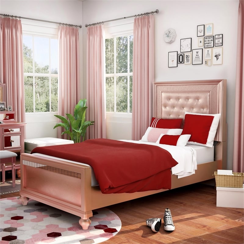 Bowery Hill Modern Solid Wood Tufted Twin Panel Bed in Rose Gold