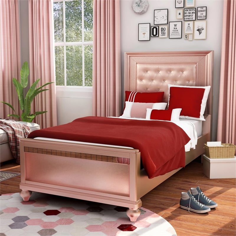 Bowery Hill Modern Solid Wood Tufted Twin Panel Bed in Rose Gold