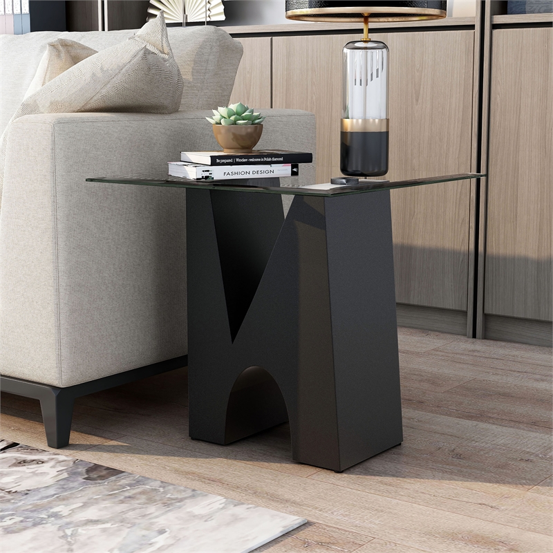 Bowery Hill Modern Metal and Glass Top Square End Table in Black