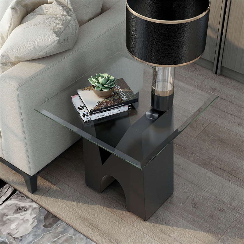 Bowery Hill Modern Metal and Glass Top Square End Table in Black