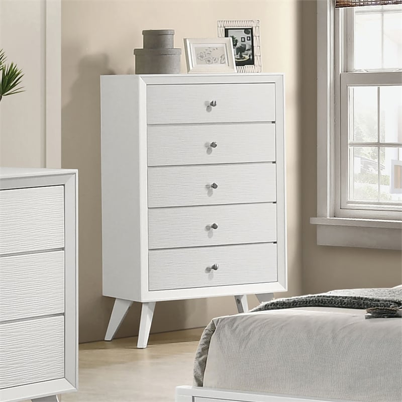 Bowery Hill Modern Wood 5-Drawer Chest with Angled Legs in White