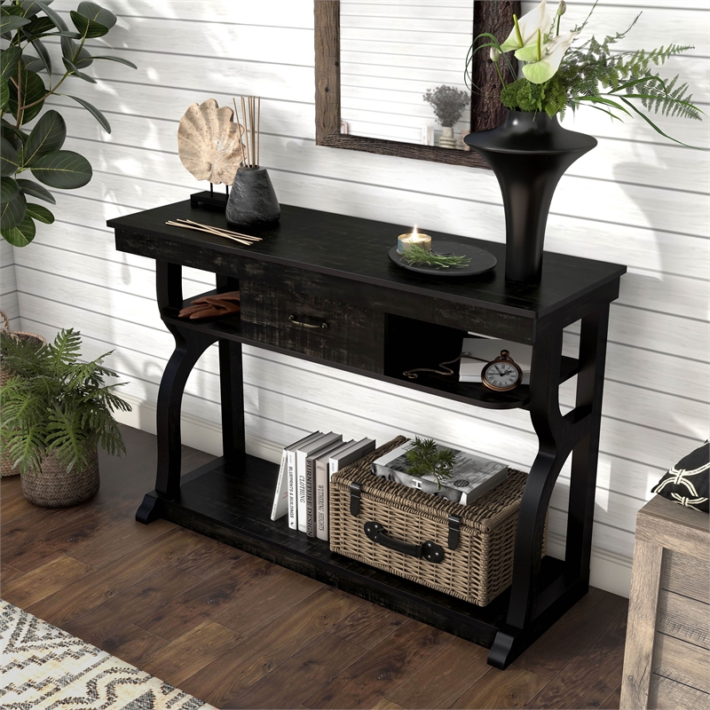 Bowery Hill Farmhouse Wood 1-Drawer Console Table in Black Finish