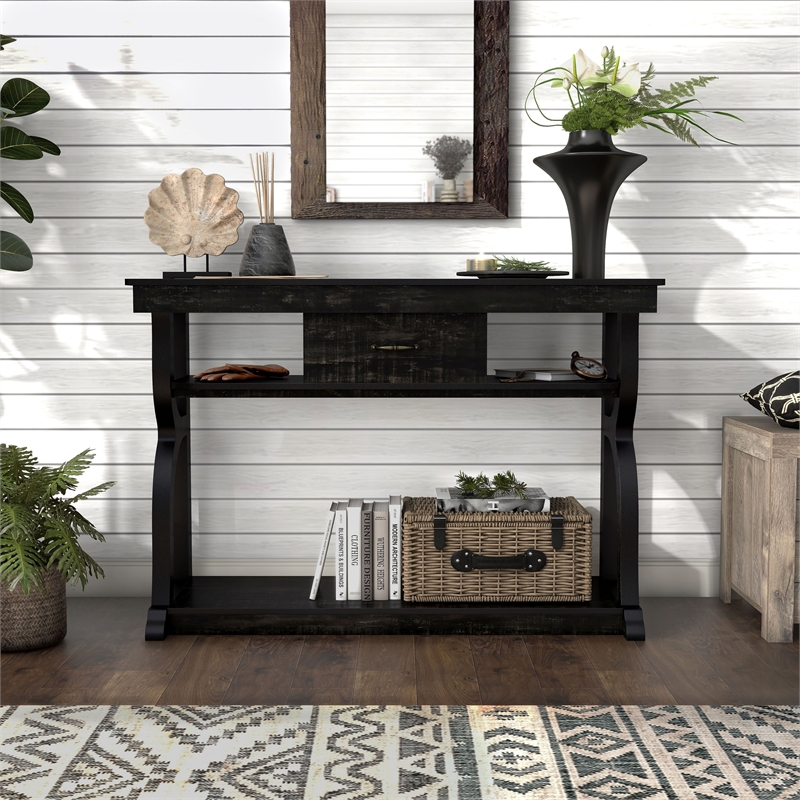 Bowery Hill Farmhouse Wood 1-Drawer Console Table in Black Finish