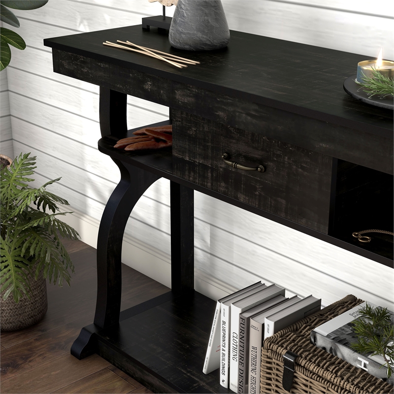 Bowery Hill Farmhouse Wood 1-Drawer Console Table in Black Finish