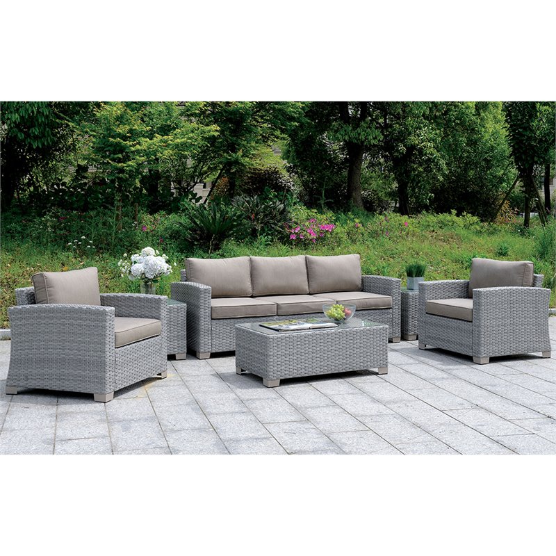 Bowery Hill Contemporary Rattan Glass Top Patio End Table in Gray