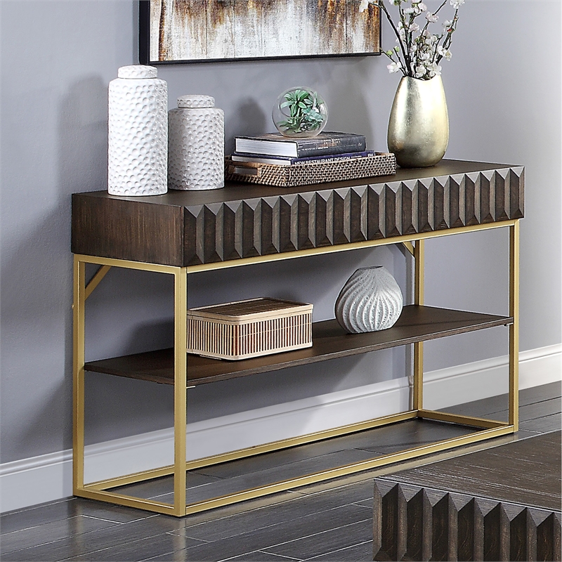 Bowery Hill Contemporary Metal 1-Shelf Console Table in Walnut