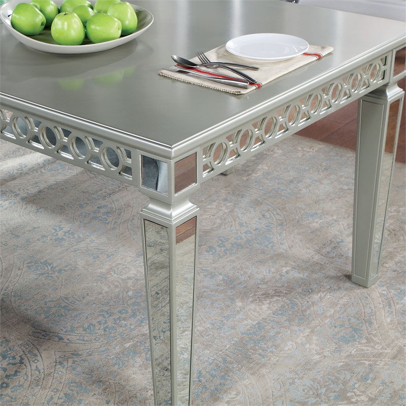 Bowery Hill Wood and Mirror Top Extendable Dining Table in Silver