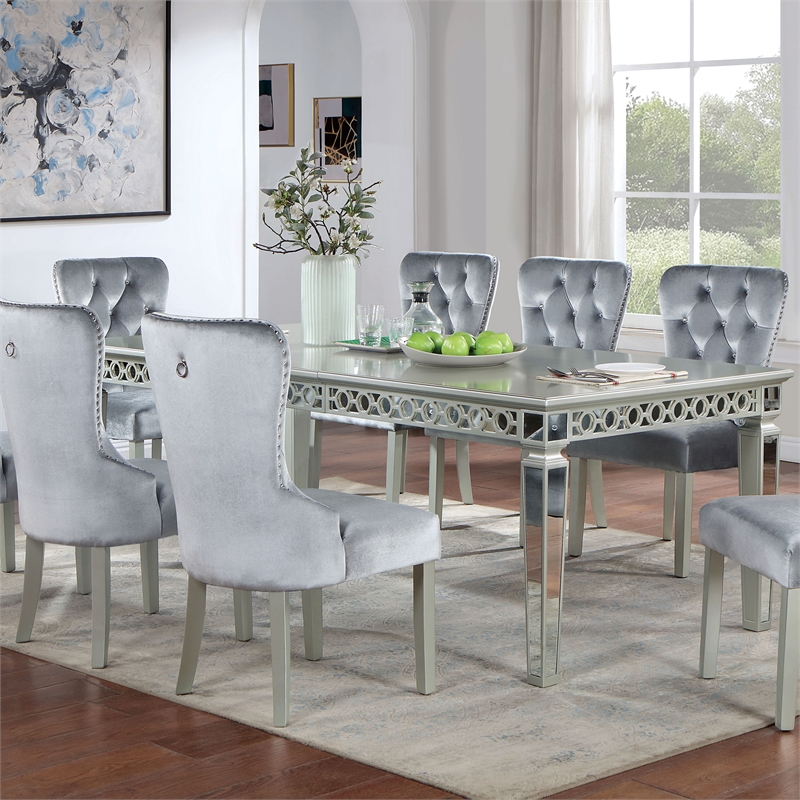 Bowery Hill Wood and Mirror Top Extendable Dining Table in Silver