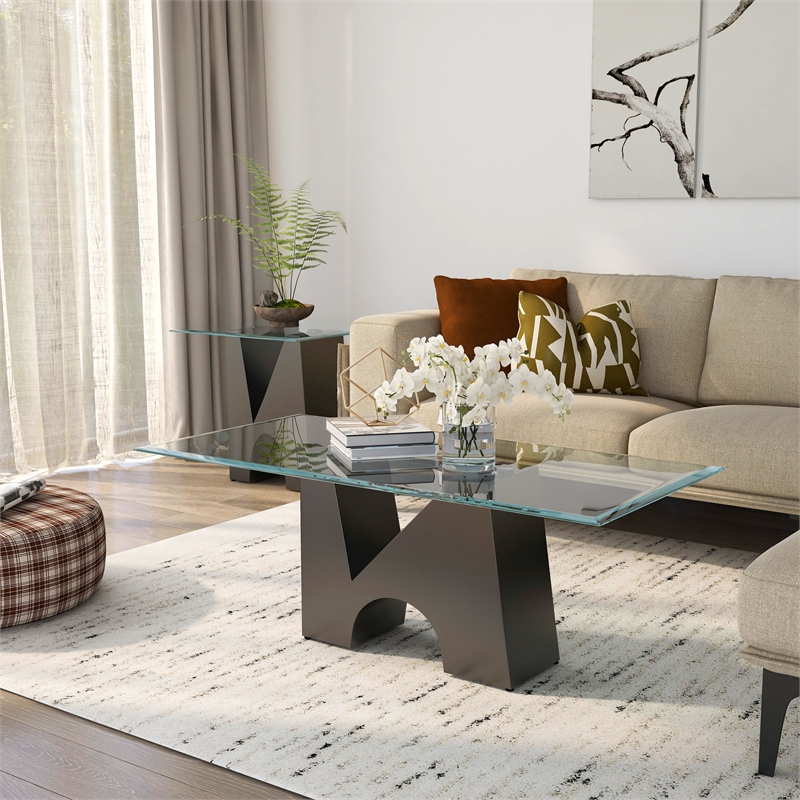 Bowery Hill Metal and Glass Top 2-Piece Coffee Table Set in Black
