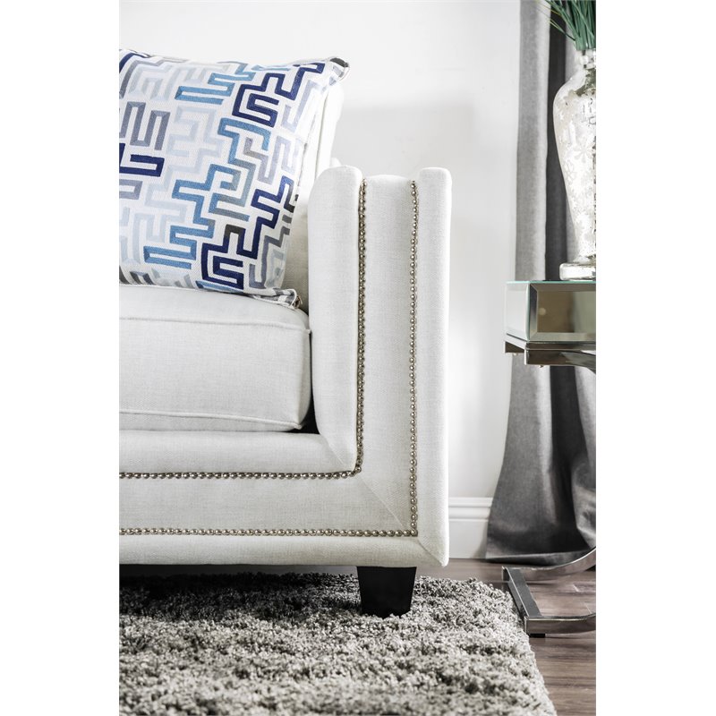Bowery Hill Contemporary Chenille Nailhead Sofa in Ivory Finish