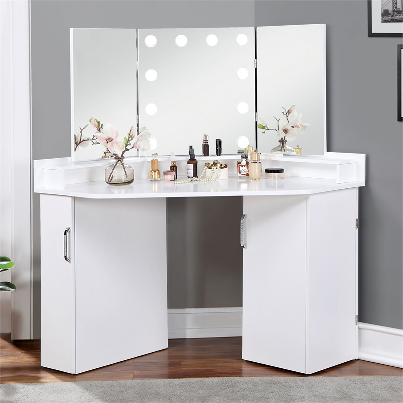 Bowery Hill Wood Bulb 2-Piece Vanity Table and Mirror Set in White