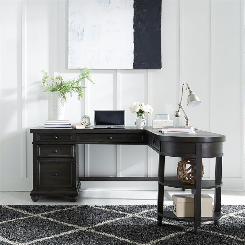 Bowery Hill Traditional Engineered Wood Black L Shaped Desk Set