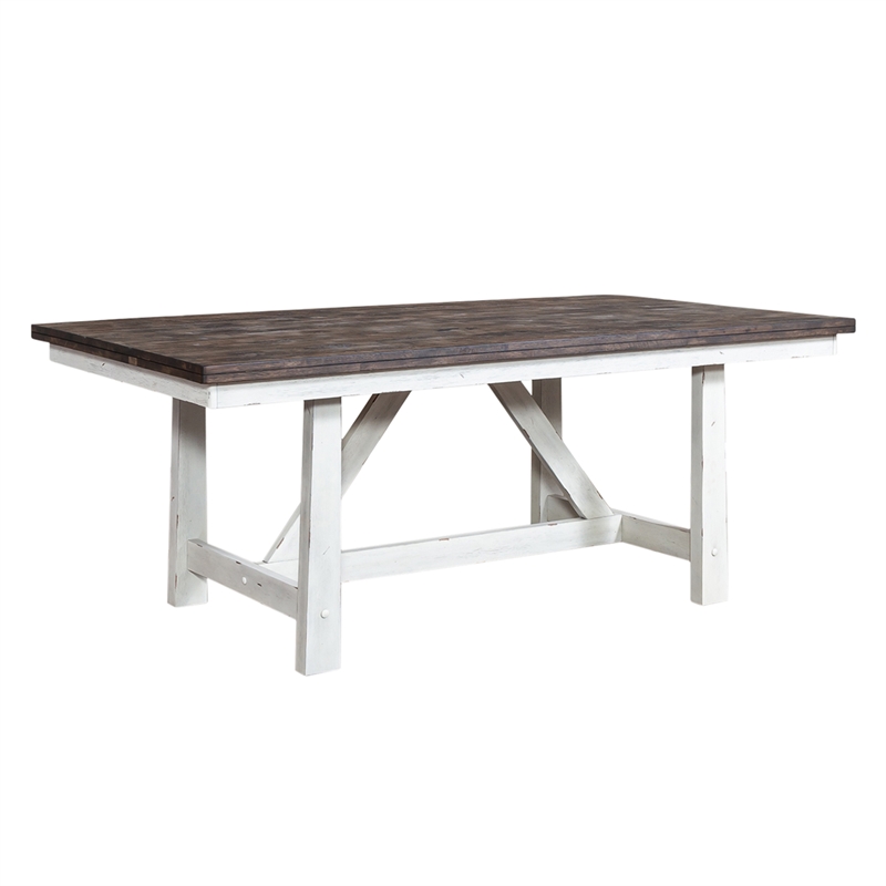 Bowery Hill Farmhouse Wood White and Brown 7 Piece Trestle Table Set