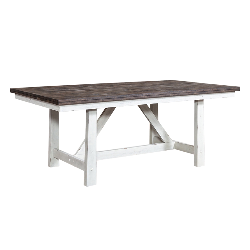 Bowery Hill Farmhouse Wood White and Brown 7 Piece Trestle Table Set