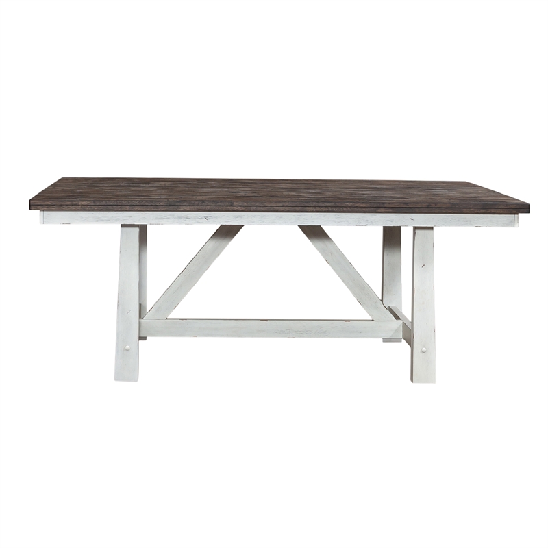Bowery Hill Farmhouse Wood White and Brown 7 Piece Trestle Table Set
