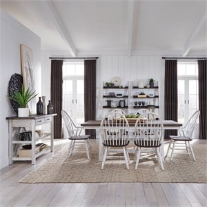 Bowery Hill Farmhouse Wood White and Brown 7 Piece Trestle Table Set