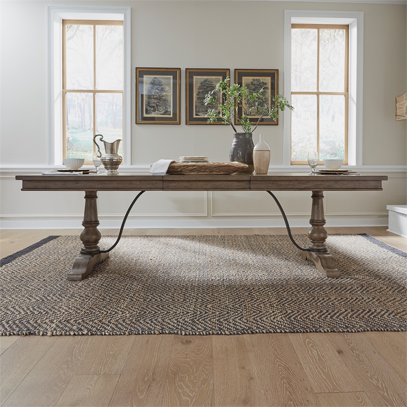 Bowery Hill Traditional Farmhouse Trestle Table Set - Dusty Taupe
