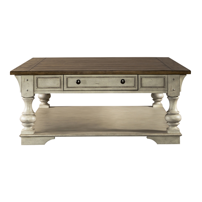 Bowery Hill Traditional Square Cocktail Table with Drawer - Antique White