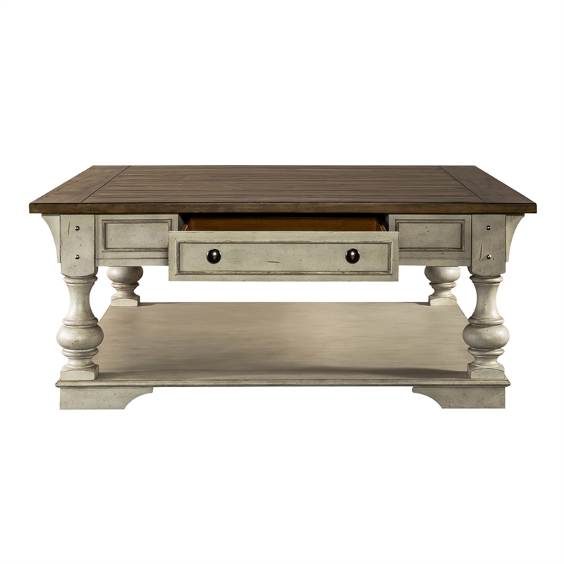 Bowery Hill Traditional Square Cocktail Table with Drawer - Antique White