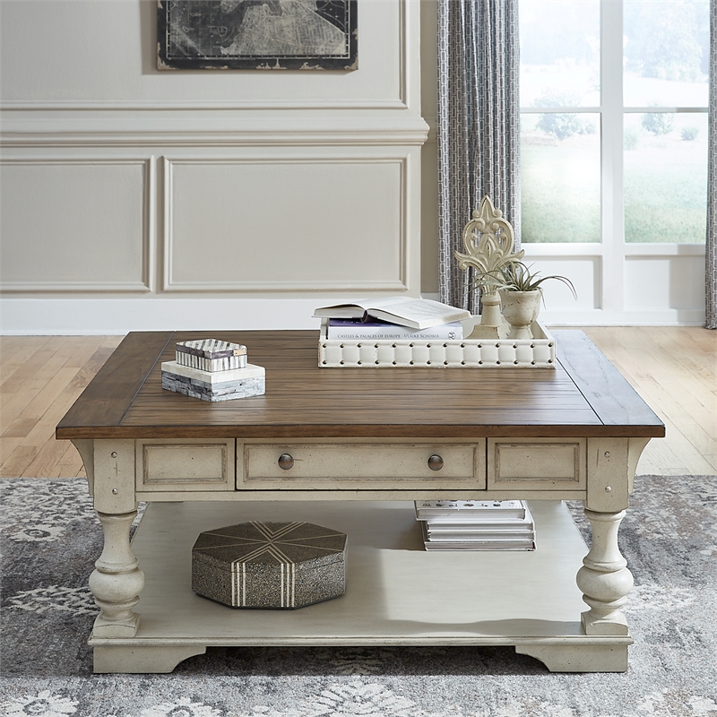 Bowery Hill Traditional Square Cocktail Table with Drawer - Antique White