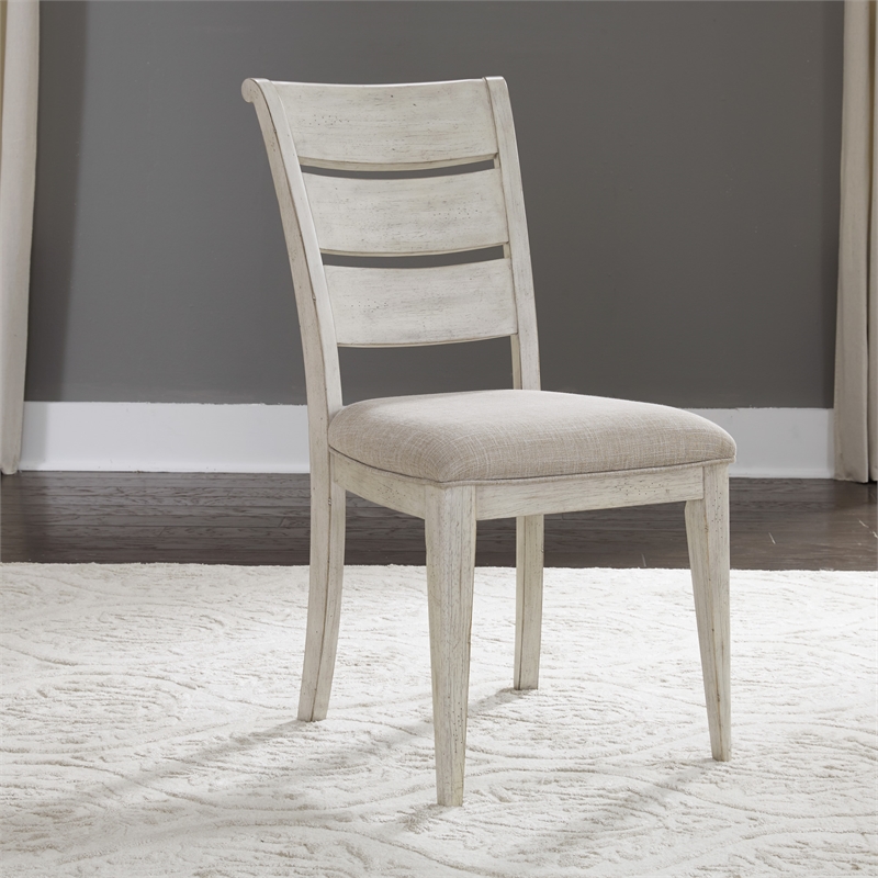 Bowery Hill Wood White Ladder Back Upholstered Side Chair (RTA)-Set of 2