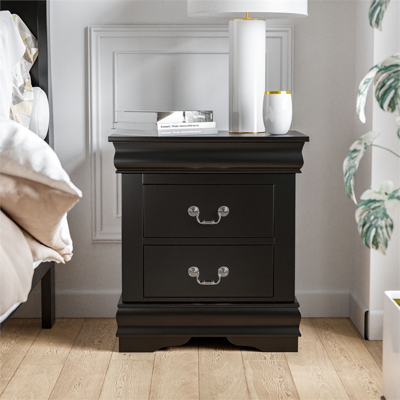 Bowery Hill Transitional Wood 2-Drawer Nightstand in Black Finish