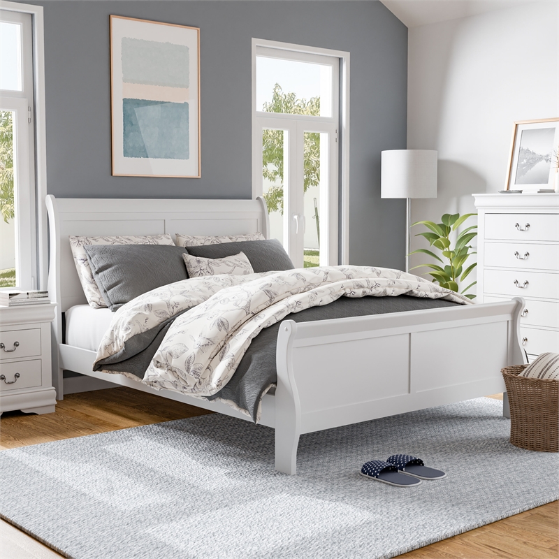 Bowery Hill Transitional Solid Wood Panel King Bed in White Finish