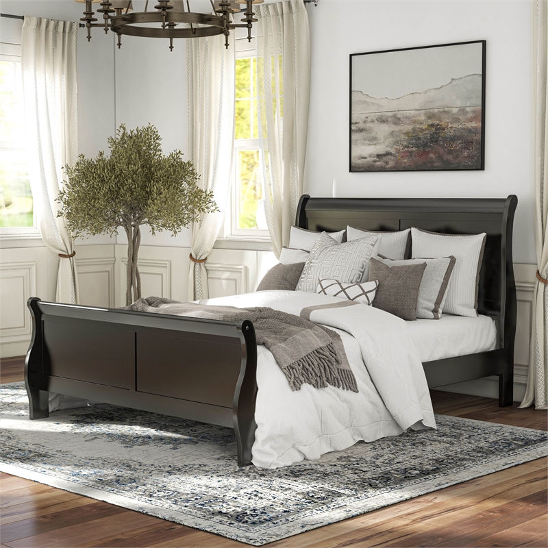 Bowery Hill Transitional Solid Wood Panel Queen Bed in Black