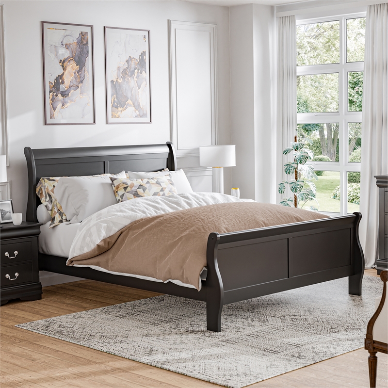 Bowery Hill Transitional Solid Wood Panel Queen Bed in Black