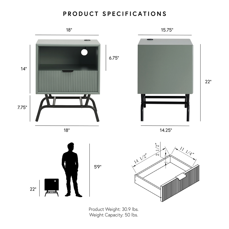 Bowery Hill Wood Storage End Table with USB Port in Sage Green
