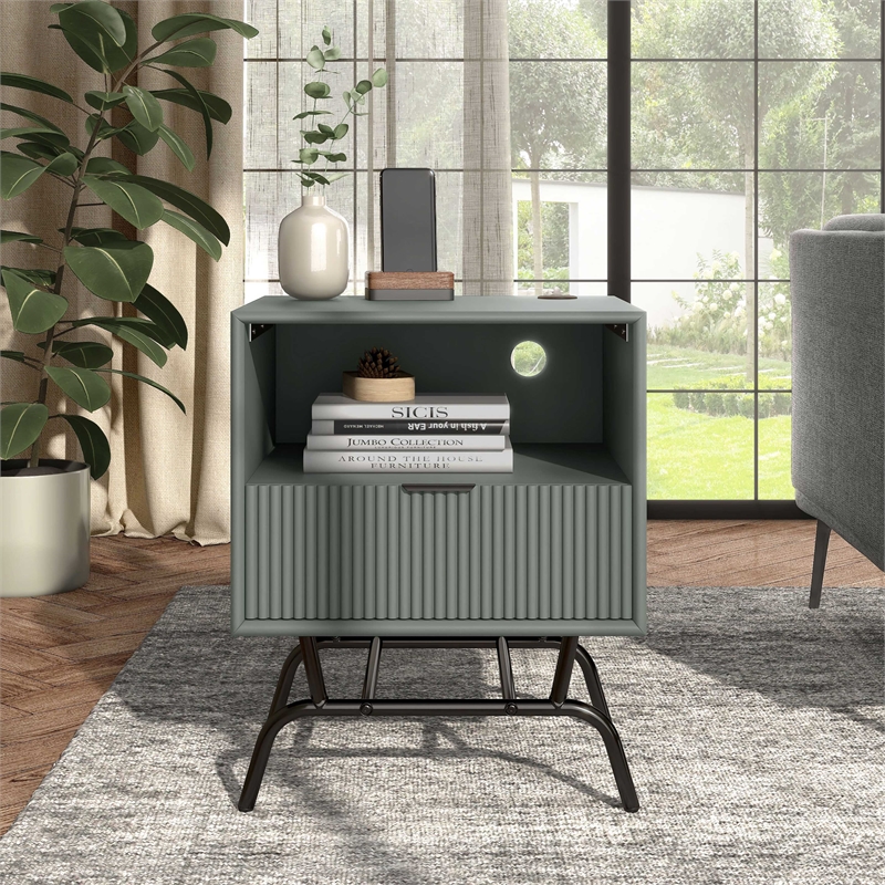 Bowery Hill Wood Storage End Table with USB Port in Sage Green